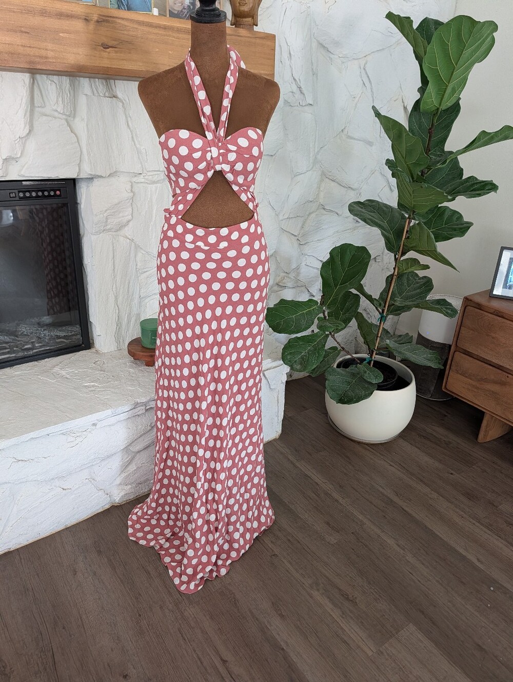 REVOLVE Pink Polka Dot Halter Maxi Dress